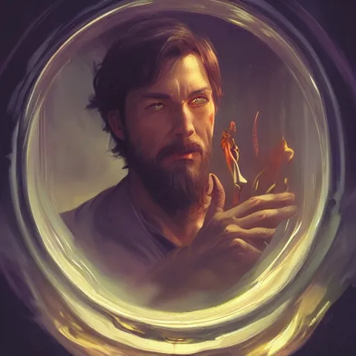 Image similar to man holding he's soul in a jar portrait, backlight, rim lighting, deep focus, d & d, fantasy, intricate, elegant, highly detailed, digital painting, artstation, concept art, matte, centered, sharp focus, illustration, hearthstone, art by artgerm, greg rutkowski and alphonse mucha