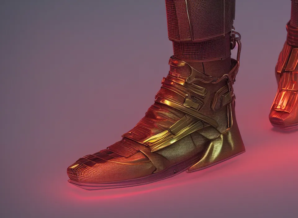 Image similar to realistic 3 d render of a cyberpunk android sneaker, beautiful studio lighting, soft, sharp focus, neon cyberpunk highlights, intricate detail, gold and red accents, soft rubber, octane render, side view, close up, trending on artstation, deviantart, issey miyake, lloyd wright, gaugin