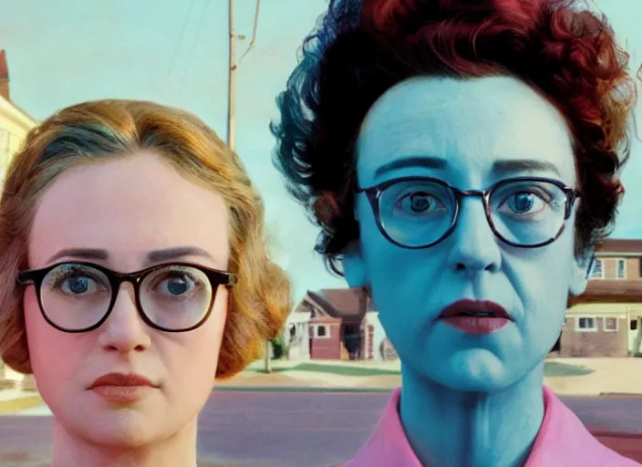 Prompt: cinematic mid shot of a high detail, woman's face looking off camera, with round glasses. fine facial features. she stands in an empty, pastel colourful 3 d, suburban street scene by jeffrey smart and gregory crewdson and edward hopper, inspired by the grand budapest hotel and edward scissorhands