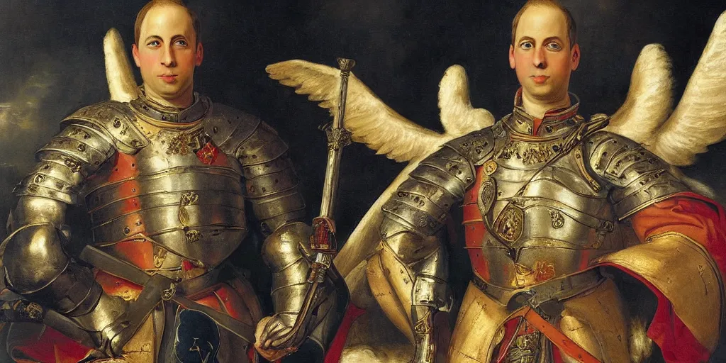 Image similar to painting of prince william, duke of cambridge wearing knight's armor with heavenly angels surrounding him