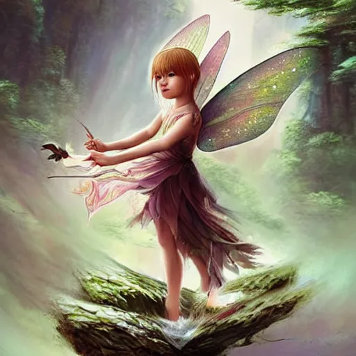 Prompt: child fairy fliying iver a river, forest by ross tran, highly detailed face