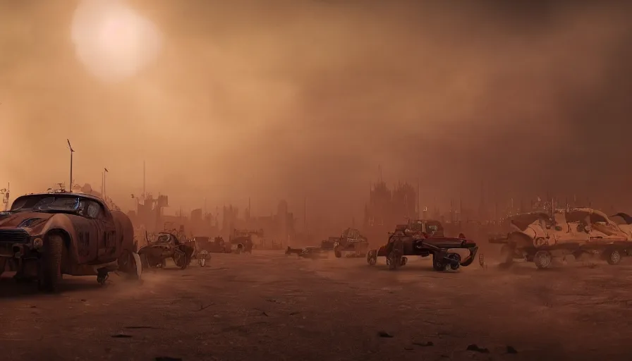 Prompt: london in mad max, sandstorm, trucks racing, smoke bombs, hyperdetailed, artstation, cgsociety, 8 k