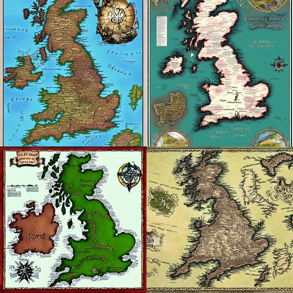 Prompt: map of Great Britain in Lord of the Rings style