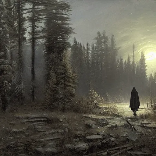 Prompt: a hooded figure carrying a torch approaches an abandoned tavern on a moonlit night, Ivan Shishkin and Greg Rutkowski