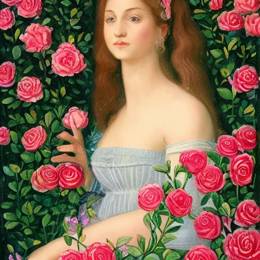 Prompt: a beautiful and intricate painting of a young woman standing in a garden, surrounded by roses. the woman has a gentle, kind expression on her face, and the overall effect is one of serenity and peace.