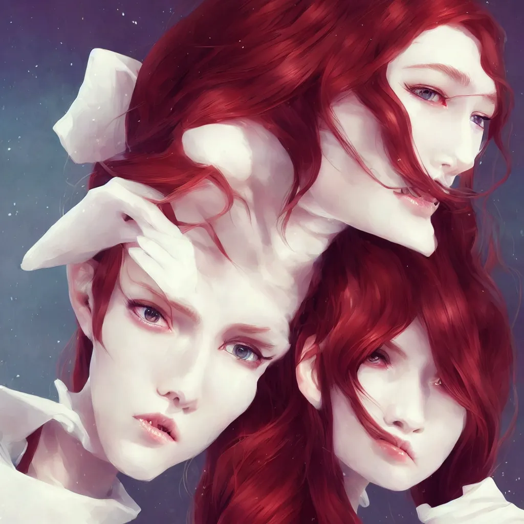 Prompt: beautiful pale vampire with auburn hair in a white turtleneck dress, on a super yacht, by guweiz and wlop and ilya kuvshinov and and moebius, artgerm, symmetrical eyes, aesthetic, gorgeous, stunning, alluring, attractive, half body portrait, artstation, deviantart, pinterest, digital art