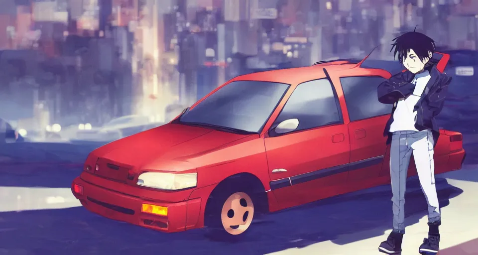 Prompt: closeup of a high definition anime guy with short dark blue hair and black streetwear clothing riding a dark red 1996 Hyundai Accent car with armenia quindio in the background, Artwork by Makoto Shinkai, pixiv, 8k, official media, wallpaper, hd