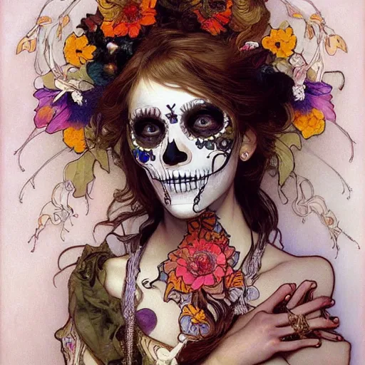 Image similar to realistic detailed painting of a cute punk Día de los Muertos girl by Mario Testino Alphonse Mucha Ayami Kojima Amano Charlie Bowater, masterpiece