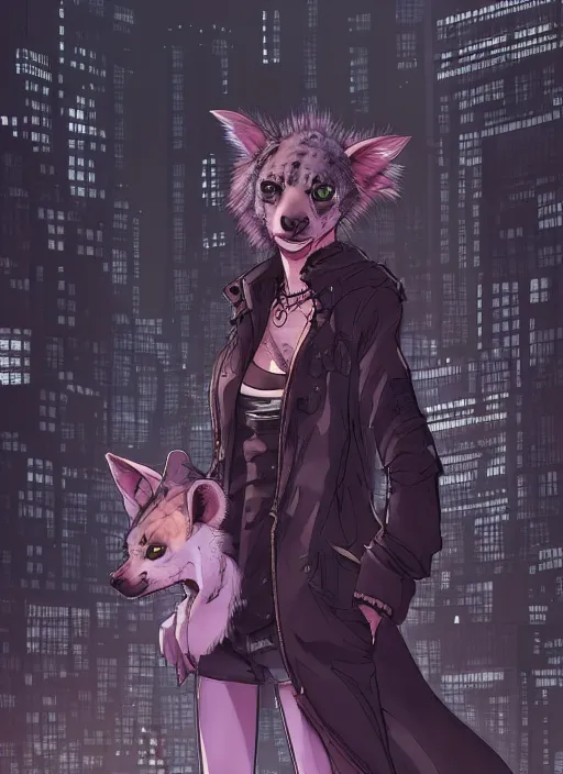 Image similar to character portrait of a female anthro hyena fursona with a cute beautiful attractive furry face and long black curly hair wearing stylish clothes in a cyberpunk city at night while it rains. hidari, color page, tankoban, 4K, tone mapping, Akihiko Yoshida.