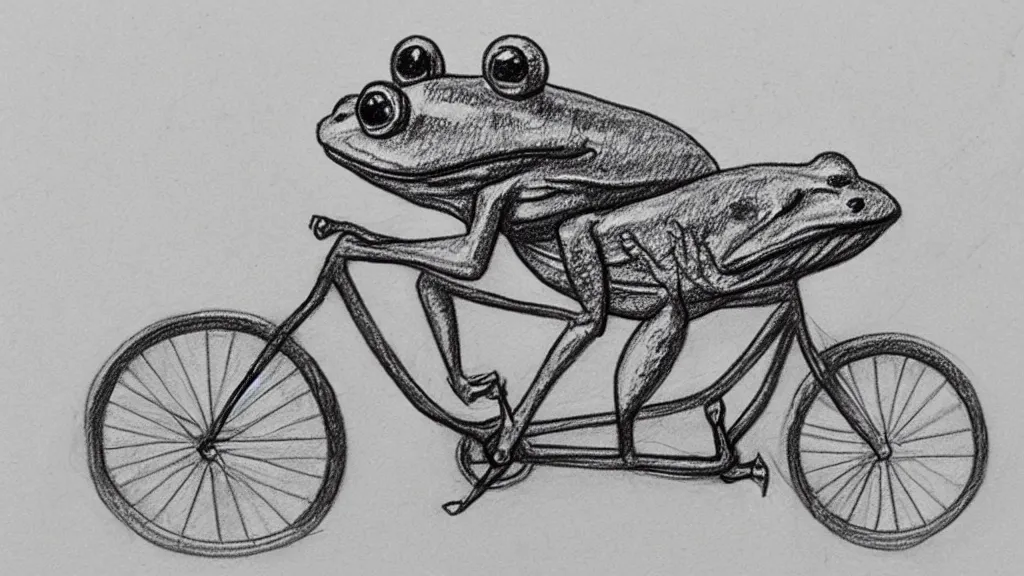 Image similar to a pencil sketch of a frog riding a bicycle