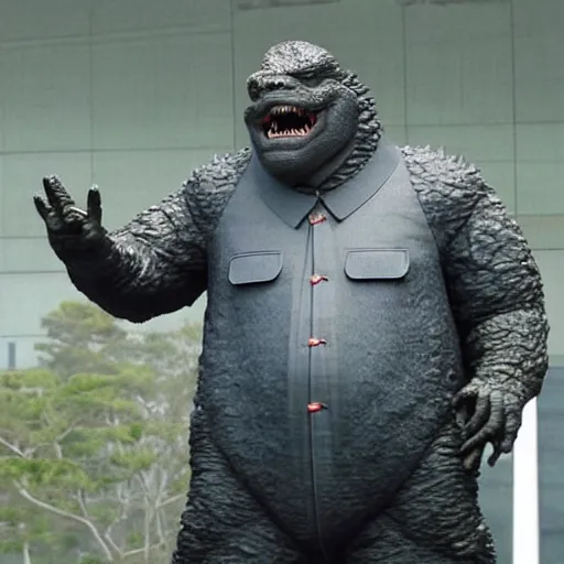 Image similar to godzilla with kim jong un face kim jong un dressed like godzilla