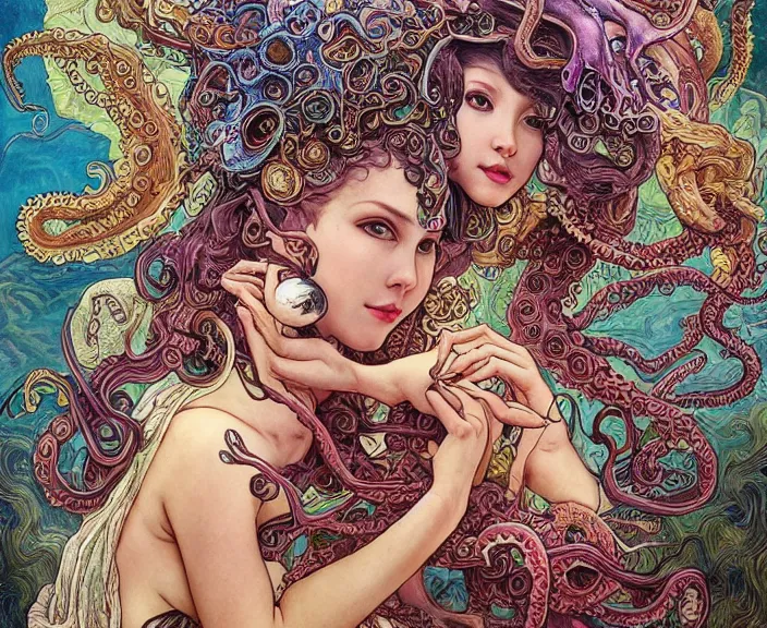 Image similar to portrait of an octopus goddess, full body shot, rule of thirds, wide angle, amazing landscape in background, fantasy, whimsical, horror, art by riot games and chengwei pan and josephine wall and amanda sage and alphonse mucha, intricately detailed, highly detailed, luxurious, elegant, clean, unsettling, trending on artstation