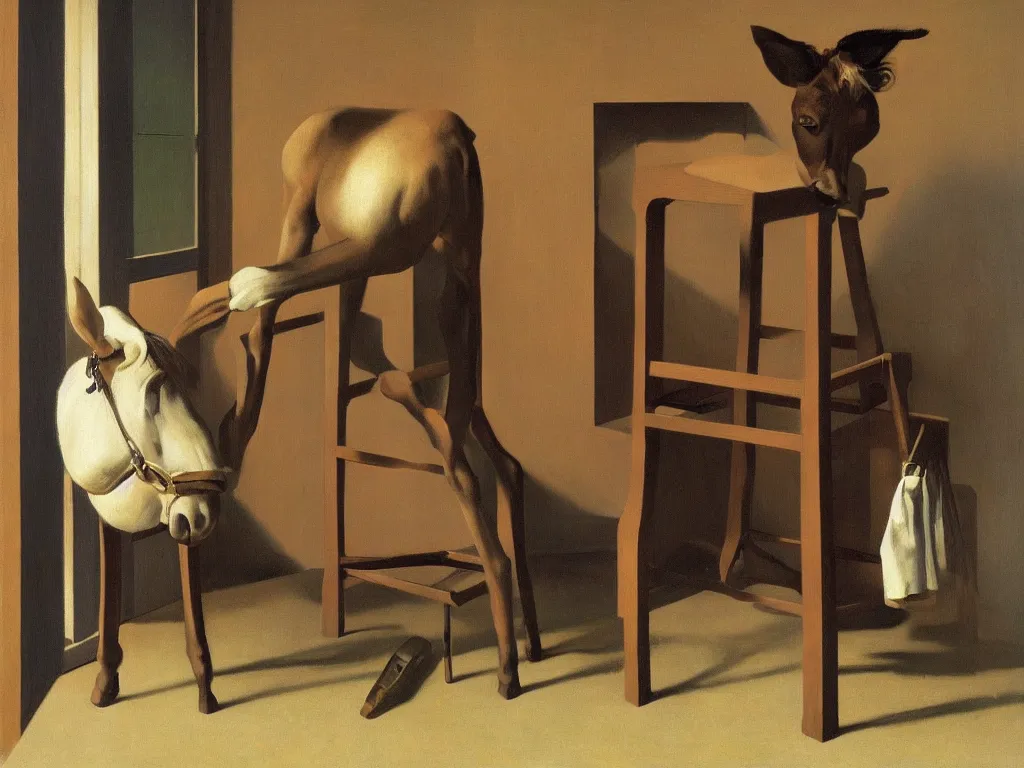 Image similar to a mule and a barstool by Raphael, Hopper, and Rene Magritte. detailed, romantic, enchanting, trending on artstation.