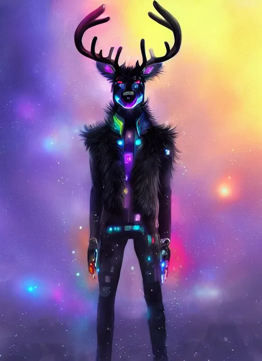 Image similar to award winning beautiful portrait commission of a male furry anthro Black Reindeer cyberpunk fursona with a tail, wings, wings, wings and a cute beautiful attractive detailed furry face wearing stylish black and rainbow galaxy clothes, outline, in a cyberpunk city at night while it rains. Character design by charlie bowater, ross tran, artgerm, and makoto shinkai, detailed, inked, western comic book art