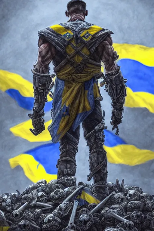 Prompt: a distant shot from behind of a Ukrainian super soldier with blue and yellow flag behind him standing alone on a huge pile of skulls as a winner, masculine muscular figure, D&D, fantasy, intricate, elegant, highly detailed, extremely detailed, digital painting, artstation, concept art, matte, smooth, sharp focus, symmetrical, illustration, art by Artgerm and Greg Rutkowski and Alphonse Mucha