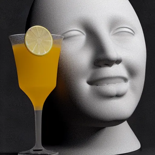 Image similar to a 3 d smiling model of a white marble human head holding a coctail, digital illustration, in the style of leticia gillett, 3 d render, above the waist