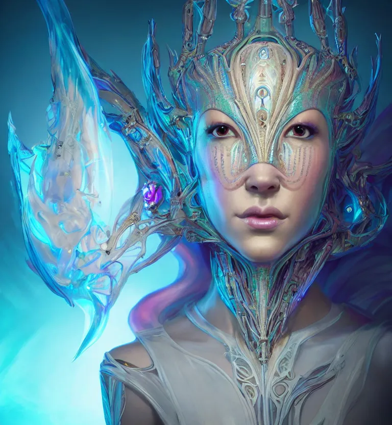 Image similar to iridescent portrait of a beautiful princess in robe. biomechanical mask. bio luminescent biomechanical halo around head. artwork by jarold Sng by artgerm, by Eddie Mendoza, by Peter mohrbacher by tooth wu, unreal engine, octane render, cinematic light, high details, iridescent colors, dichroic, macro, 4l