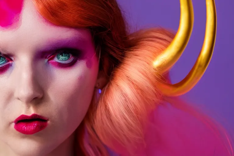 Prompt: pretty demon girl with horns photograph in the style of clemens ascher, colorful, realistic, 8 k, portrait, ambient lights,