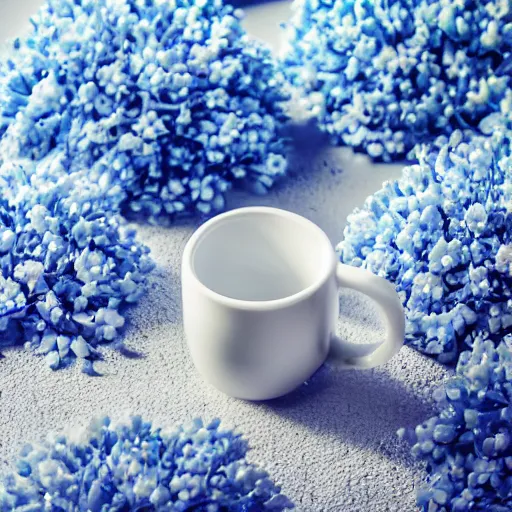 Image similar to clay mug on a white surface surrounded by a plethora of blue and white flowers, bright white realistic, up close shot, white background, zen, light, modern minimalist f 2 0