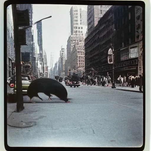 Image similar to wide-shot very low-angle eyesight photo of a rat at the street in New York, polaroid photo, by Andy Warhol, signed