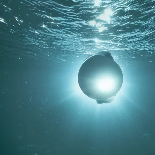 Prompt: sphere shaped object glowing under water