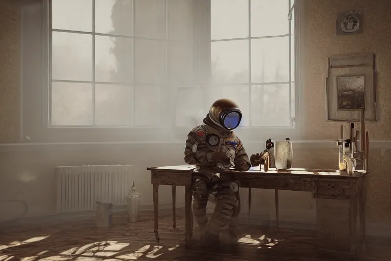 Image similar to a single cosmonaut in a spacesuit drinks a steaming cup of tea at an old wooden desk in a richly decorated Victorian house. the autumn light comes in through a window and dimly illuminates the room, diffuse light, octane render