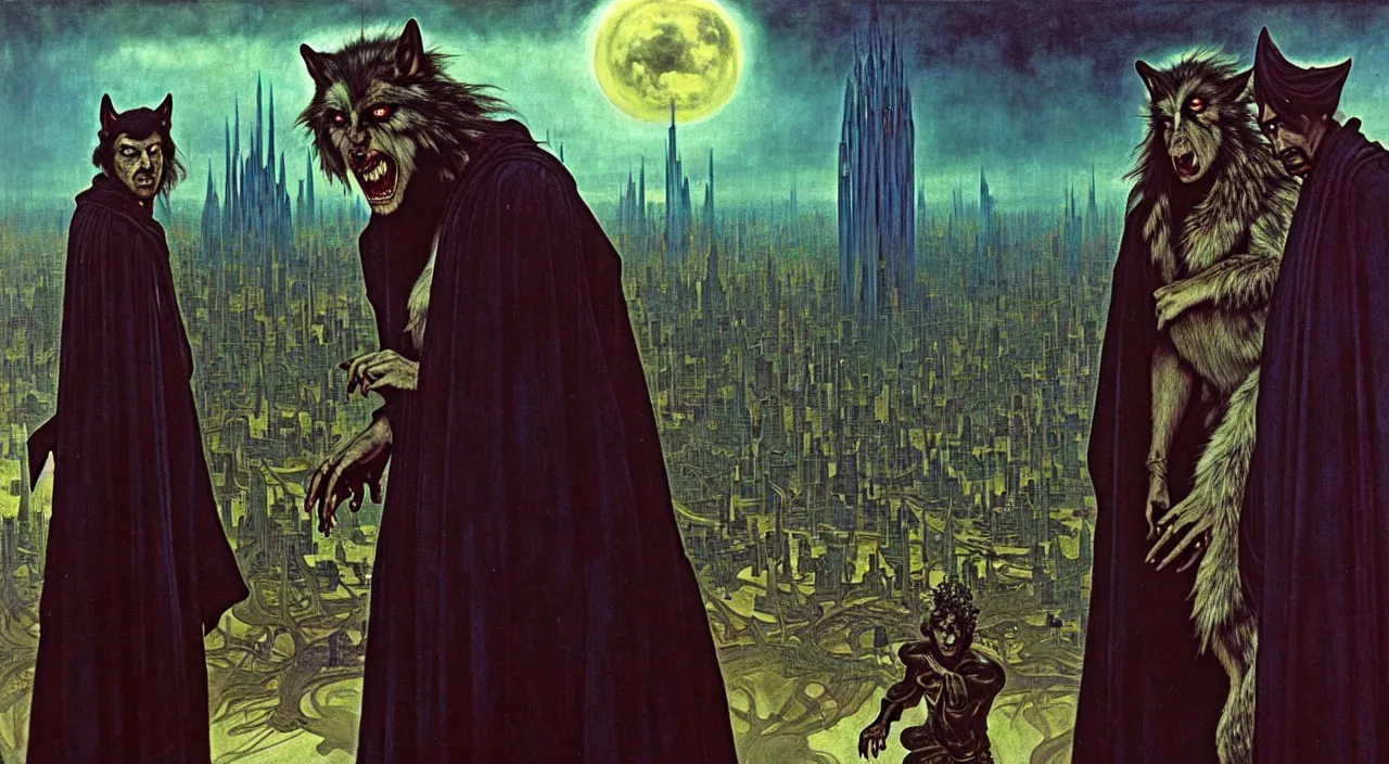 Prompt: realistic detailed portrait movie shot of a wolfman and a priest wearing dark robes, sci fi city landscape background by denis villeneuve, amano, yves tanguy, alphonse mucha, ernst haeckel, max ernst, roger dean, masterpiece, rich moody colours, blue eyes, occult