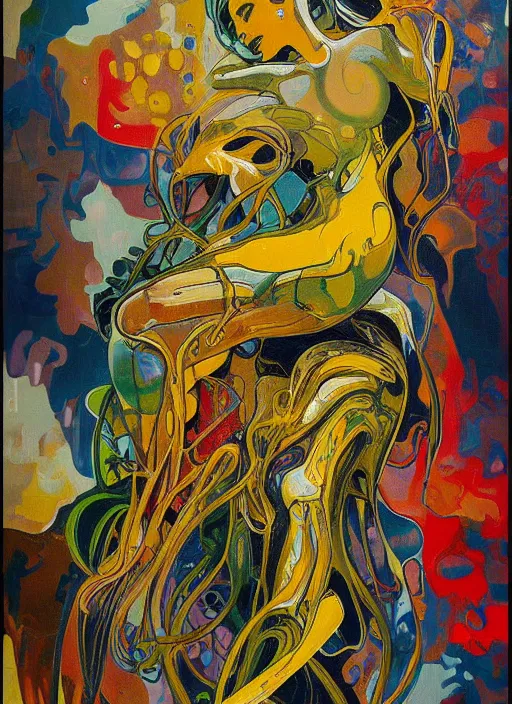 Image similar to abstract expressionism oil painting intertwined with a mutant biomorphic biological human structure, spray paint texture, drips, impasto paint, 3 d graffiti texture, brushstrokes, abstract, highly detailed, hyperealistic fresh paint, harmonious, chaotic, colorfull, in the style of alphonse mucha