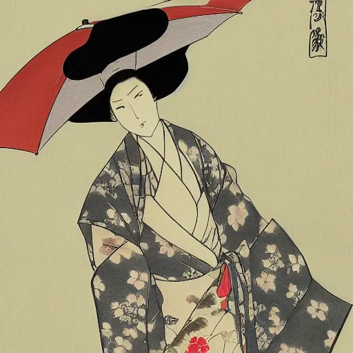 Image similar to a woman in a kimono holding an umbrella, an anime drawing by Kaburagi Kiyokata, featured on pixiv, shin hanga, hellish background, pixiv, official art