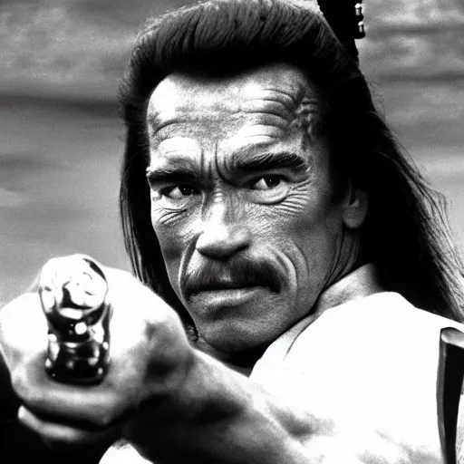 Prompt: Arnold Schwarzenegger as samurai , an film still