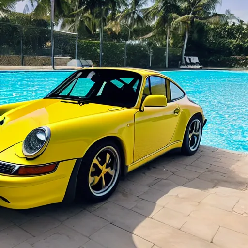 Image similar to a yellow porsche 9 1 1 in a palm beach swimming pool