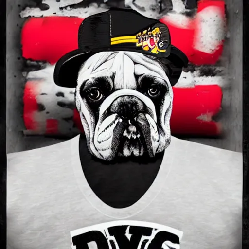 Prompt: a hyperrealistic portrait of an english bulldog as a gangster wearing hip hop clothes, streetwear, divorced