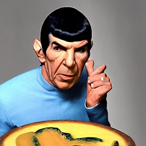 Prompt: spock eating a large wheel of cheese,