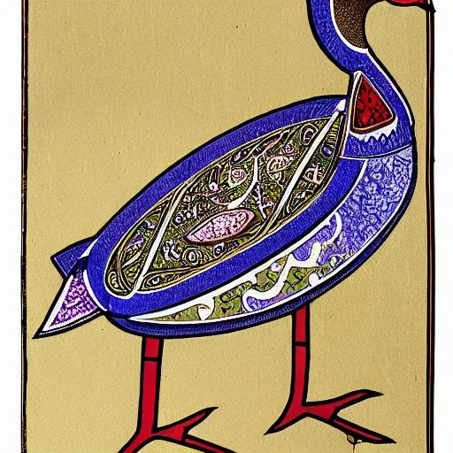 Prompt: book of kells, illustration of a duck, dye on calfskin