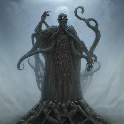 Image similar to Engraved on the wall of necromantic wizards gathered on a gloomy and mysterious island. Beneath his feet rests an ancient god.!dream A patriarchal priest of a long-forgotten Lovecraft god oil painting, digital art, ultradetailed, artstation