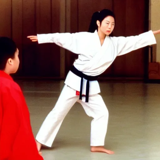 Image similar to a 1 9 9 8 movie still, from a shallow master training a girl karate at a temple in china, 4 k resolution, 8 k resolution, 1 9 9 8 karate movie still