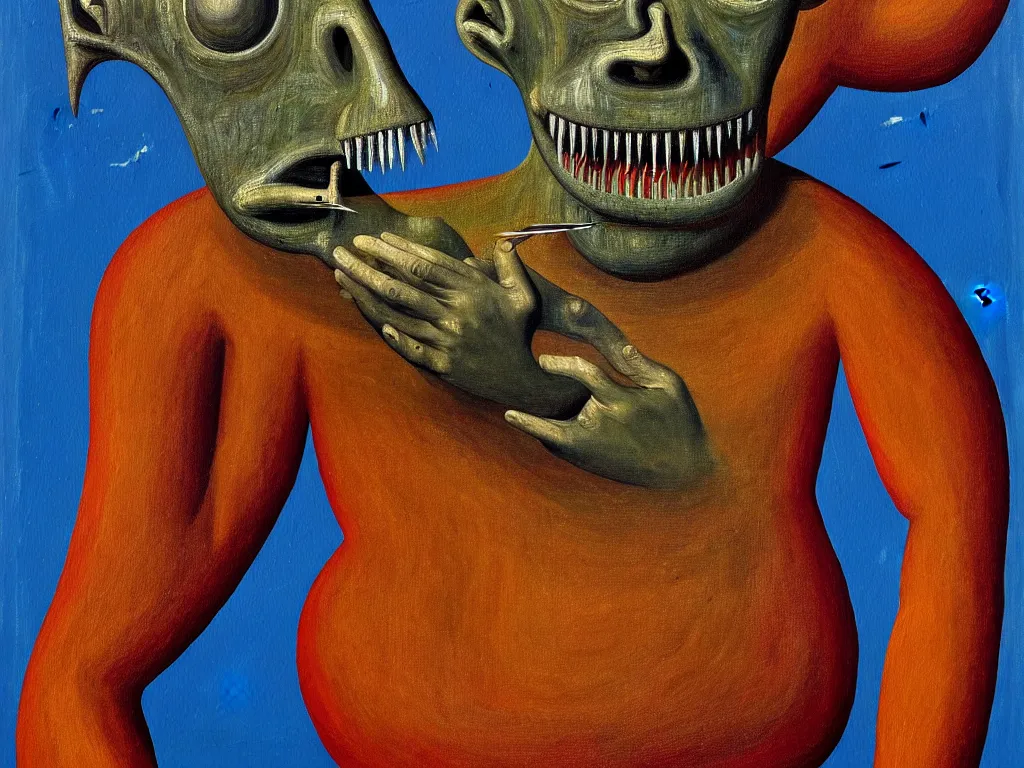 Image similar to a painting of a hominid with a hand face with a centered eye, mouth with sharp teeth centered on the belly, legs that melt into a foresthighly detailed, 4 k, art by max ernst