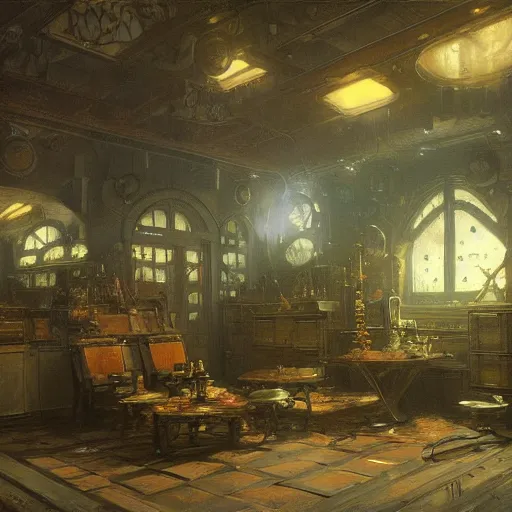 Prompt: detailed painting of a retroscifi interior in 1 9 4 0, filigree ornaments, volumetrics lights, beam of bright lights through the clouds, andreas achenbach