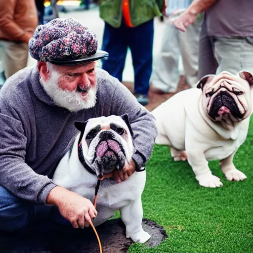 Prompt: Buddy the graying middle aged homeless man playing xbox and petting an english bulldog wearing a crown, dog wearing a plastic crown, photo by Wes Anderson