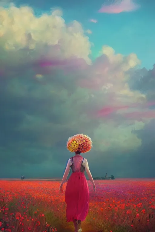 Image similar to giant flower head, girl walking in a flower field, surreal photography, sunrise, dramatic light, impressionist painting, colorful clouds, digital painting, artstation, simon stalenhag