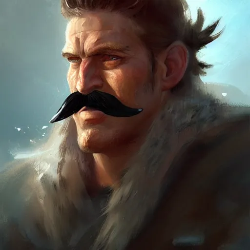 Image similar to portrait old barbarian warrior with trucker mustache and short hair, 8 k, trending on art station, by tooth wu and greg rutkowski