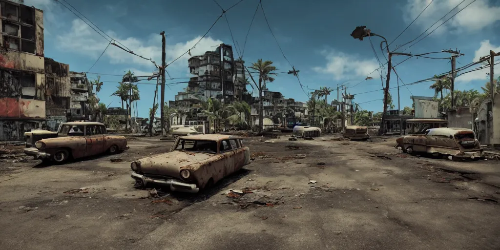 Image similar to wide angle shot of dilapidated fallout 5 tropical coastal city in real life, desolate, dilapidated, empty streets, some rusted retro futuristic vintage styled parked vehicles like cars, buses, trucks, trams, sunny weather, few clouds, volumetric lighting, photorealistic, daytime, spring, sharp focus, ultra detailed, technicolour 1