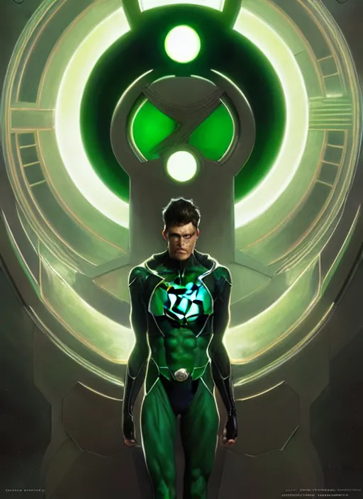 Image similar to symmetry!! green lantern, sci - fi, global illumination!! intricate, elegant, highly detailed, digital painting, artstation, concept art, smooth, sharp focus, illustration, art by artgerm and greg rutkowski and alphonse mucha