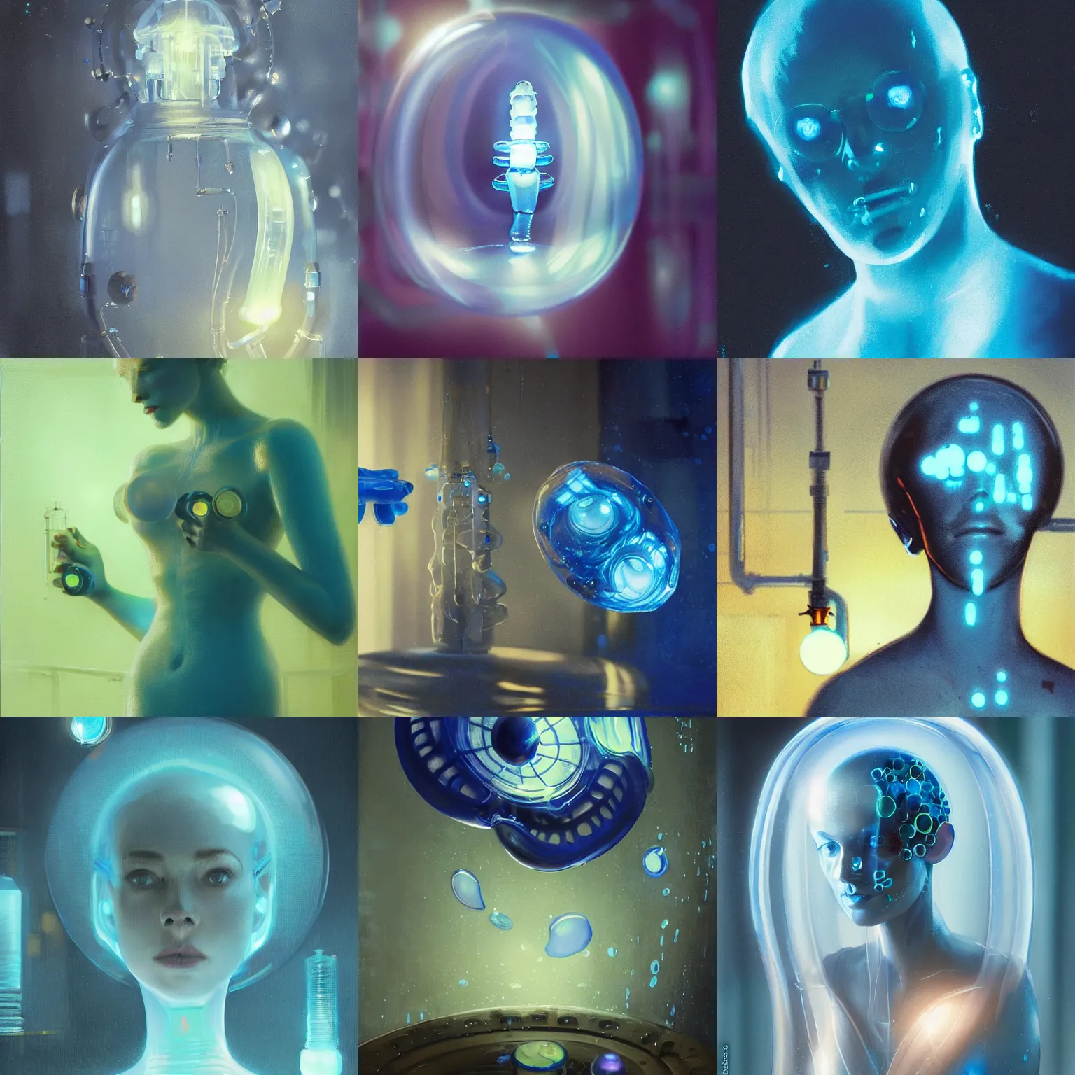 Prompt: portrait of a mechanical translucent slime entity, blue liquid, blue light, laboratory, bokeh, painting by greg rutkowski