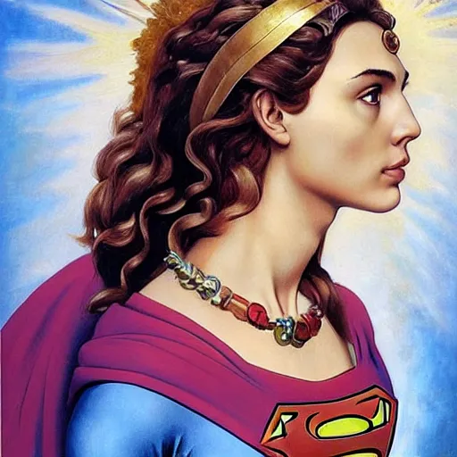 Image similar to Head and shoulders masterpiece portrait oil painting of the beautiful goddess Gal Gadot as Supergirl, she is wearing roman clothes and a surreal jewelry, her hair is natural disheveled, she is approaching heaven over the clouds, naturalism, dramatic lighting, high-detailed oil painting by Ilya Repin, Michelangelo da Caravaggio, William Blake, Alex Grey and Beksinski, trending on Artsation, hystorical painting, naturalism, masterpiece, full body shot, 4k, 8k,