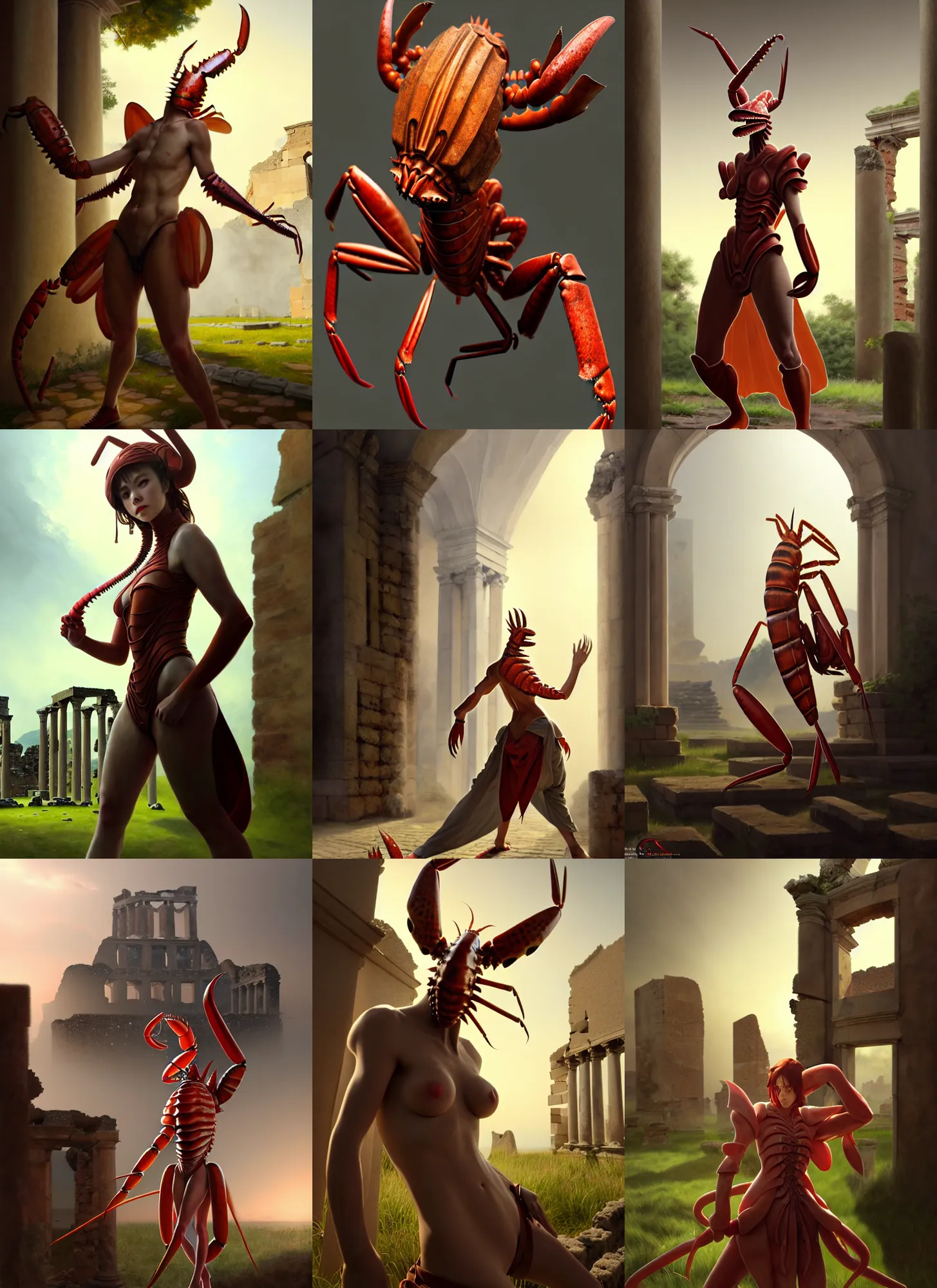 Prompt: costume design made by lobsters, sophisticated composition, old masters light composition, procedurally generated, character posing for concept art, ancient ruins behind, substance designer, PBR, HD, Ultra detailed, hyperrealistic, megascans, volumetric light, concept by master artist, made in paint tool SAI2, trending pixiv face