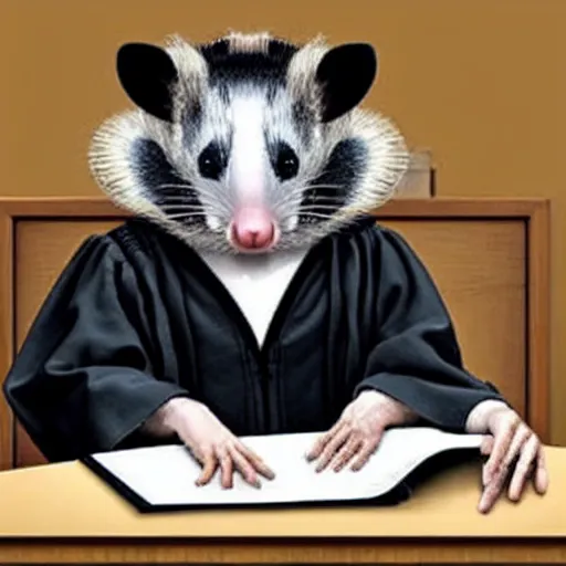 Image similar to an opossum as a judge wearing a black robe, sitting behind the desk in court, slamming his gavel, angry looking