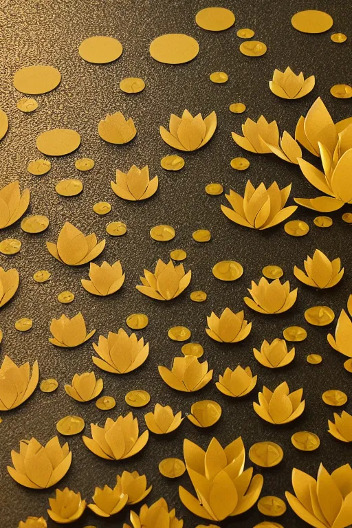 Image similar to lilyPads with Lotus flowers in the golden hour, paper cut art, close up, DOF, 8k, artstation,
