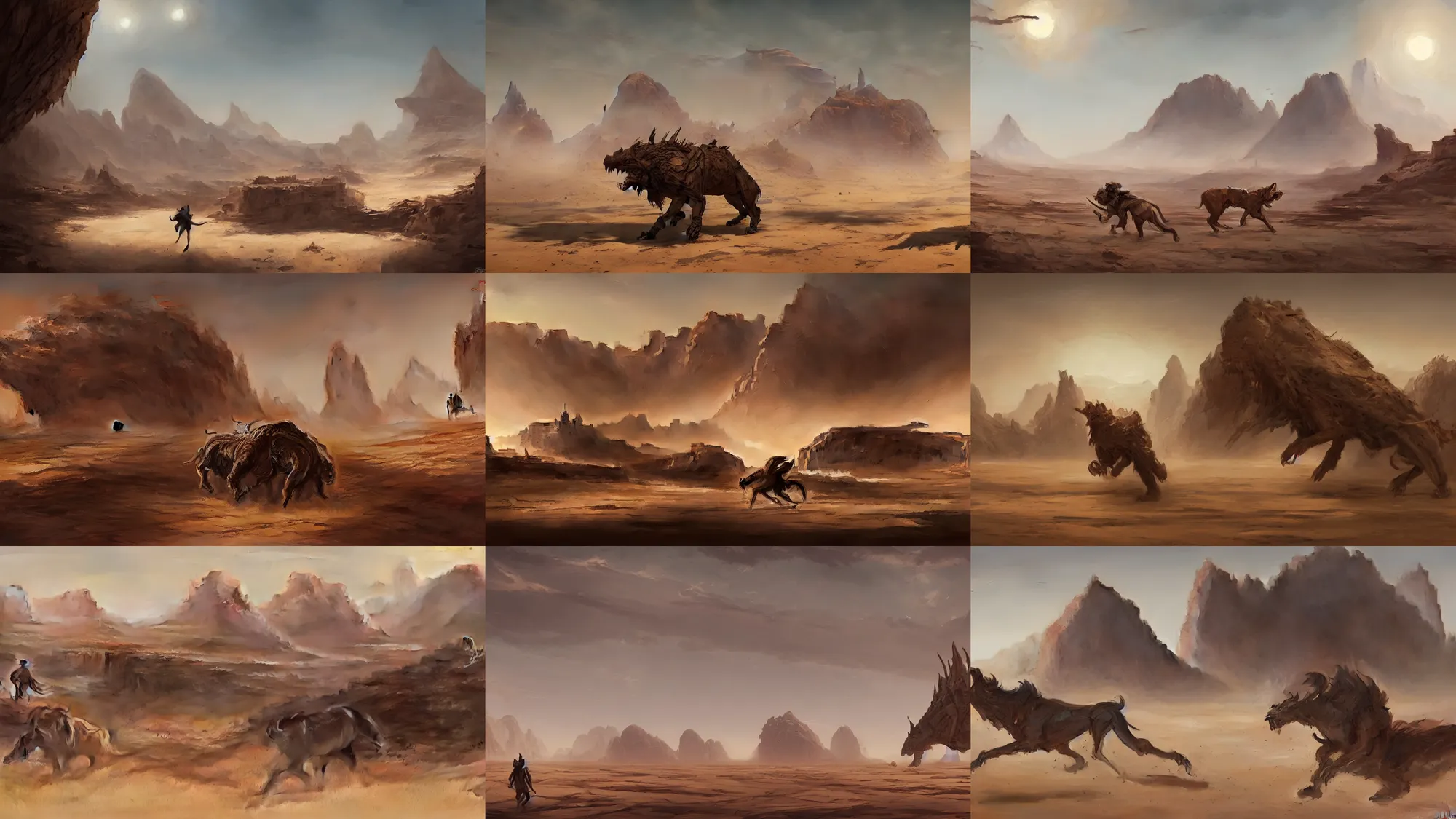 Prompt: beast running across the empty desert, karst landscape, wide shot, concept art for amonkhet by greg rutkowski