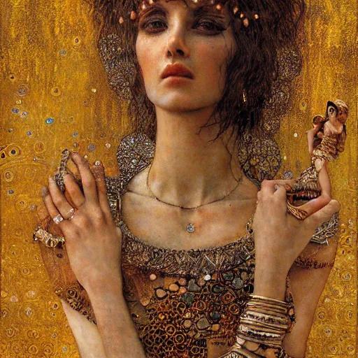 Prompt: goddess in desert, intricate detail, klimt, royo, whealan,